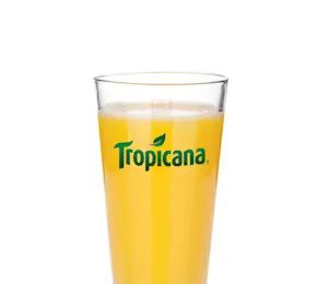 A glass of juice with the tropicana logo on it.